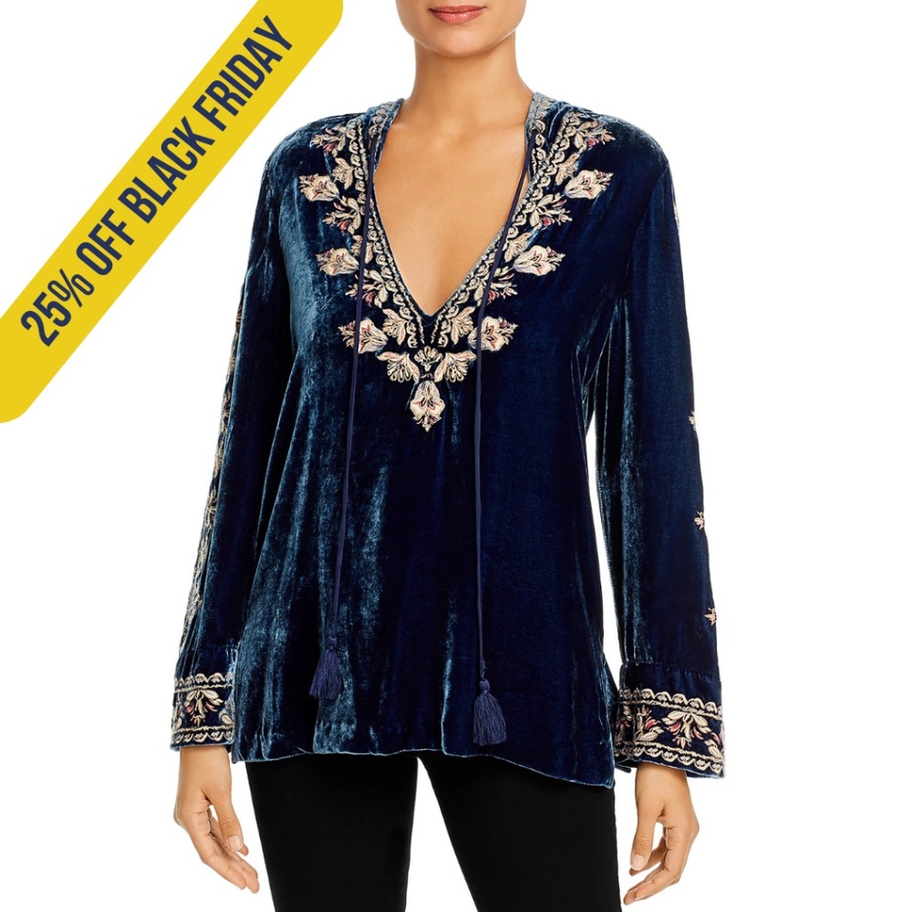 EMI VELVET EMBROIDERED HOODED TUNIC IN SAPPHIRE BLUE (Medium)